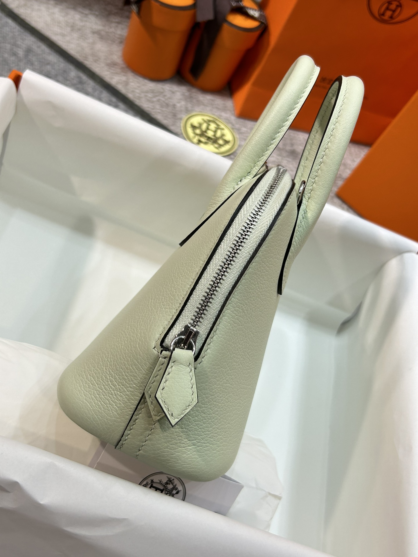 Hermes Bolide 1923 Mini Handbag Shoulder Bag In Pale Green Evercolor Leather